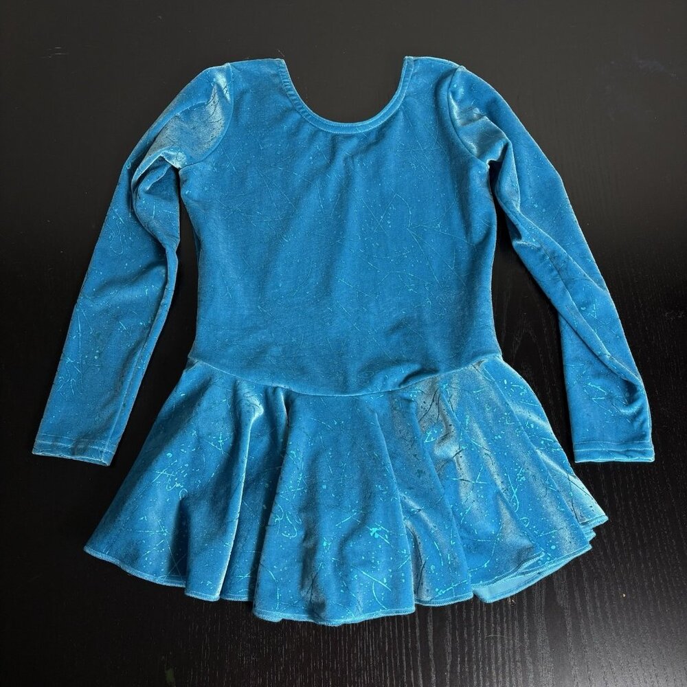Kids Blue Long-Sleeve Velvet Skater Dress